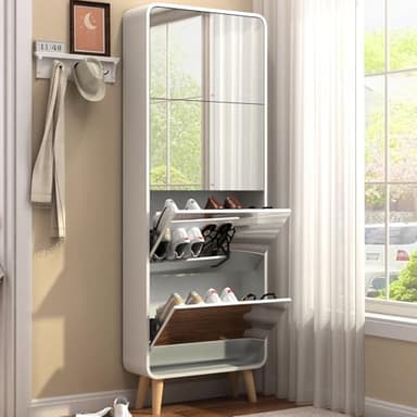 RELAHOGAR Mirror Shoe Cabinet with 4 Flip Drawers, Wooden Narrow Shoe Storage Cabinet, White Hidden Shoe Organizer Cabinet for Entryway, Front Door, Hallway, Foyer (4 Tier Mirror)