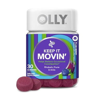 OLLY Keep it Movin' Gummy Supplement, Occasional Constipation Support,* Rhubarb, Prune, Amla Extracts - Plum Berry Flavored, 15 Day Supply - 30 Count