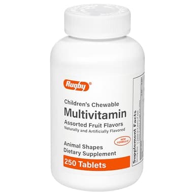 Rugby Children’s Chewable Multivitamin Tablets - Dietary Supplement - Assorted Fruit Flavors - Animal Shapes - 250 Count (1 Pack)