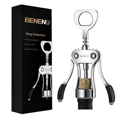 Beneno Wine Opener, Zinc Alloy Premium Wing Corkscrew with Multifunctional Bottles Opener, Sharp Wine Corkscrew with Ergonomic Non-Slip Wing Handle, Silver