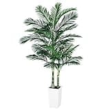 VIVATREES Golden Cane Palm Trees Artificial Indoor, 7FT Tall Faux Palm Tree with White Tall Planter, Artificial Plants with Natural Wood Trunk and Lifelike Leaves for Home Office Decor
