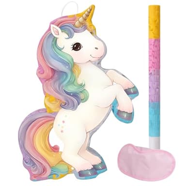 Magical Unicorn Piñata - Small Unicorn Piñata with Blindfold and Bat Rainbow Unicorn Themed Birthday Party Games Decorations (Small Size 16”x10”x3”)