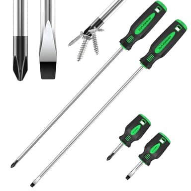 GURADESIGN 4-Piece 12" Long Screwdriver Set Slotted and Phillips, Long & Short Magnetic Screwdriver Set