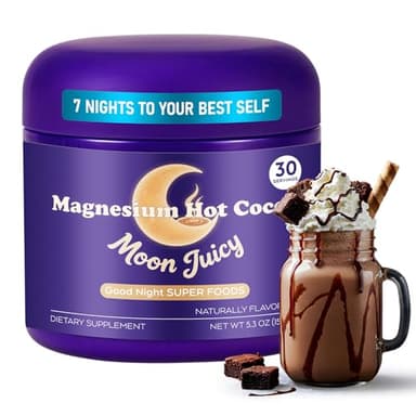 Moon Juicy Nighttime Sleep Hot Cocoa Mix for Adults - Natural Magnesium for Sleep & Melatonin-Free Aid Powder with L-Theanine, Chamomile - Calming Hot Chocolate (30 Servings)