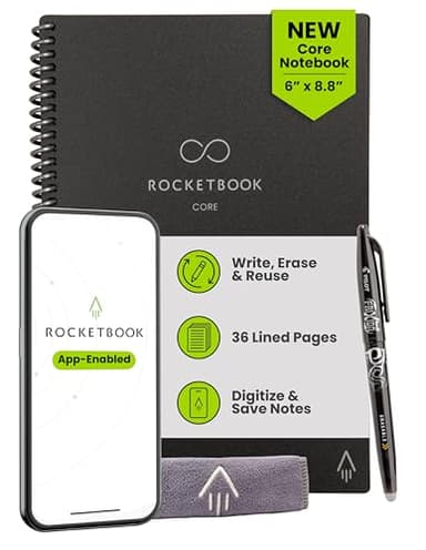 Rocketbook Core Reusable Smart Notebook, Lined Pages For School, Work and Creative Projects, Executive Size 6x8.8, Black - Premium