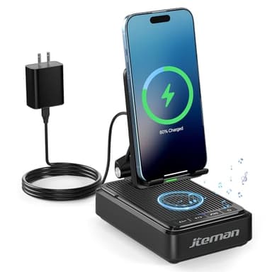 Jteman Cell Phone Stand with Bluetooth Speaker and Wireless Charger,Desktop Charging Station Stand Speaker for iPhone,Christmas Birthday Gift for Men Women (Black)