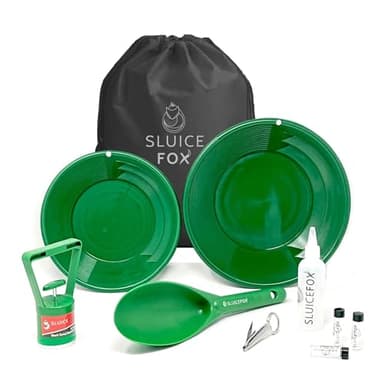 Gold Rush panning kit with Carry Bag; 10-Piece Prospecting Tools for Adults and Kids. Gold pan Accessories; Black Sand Magnet, Plastic Gold Shovel, snifter Bottle, Tweezers and Gold vials Green