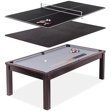 GoSports 8 ft 3 in 1 Pool, Dining, & Table Tennis Combo Table and Storage Benches - Convertible Billiards with Game Accessories - Dark Oak