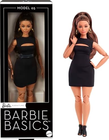 Barbie Basics Model 05 Collector Doll with Brunette Hair, Black Mini Dress & Heels, Universal-fit Fashions, Posable Curvy Body & Swappable Doll Head