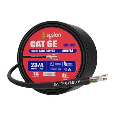 Syston Cable Technology Cat6(e) Ethernet Cable 23AWG 4 pr Solid Bare Copper Bulk Raw 600MHz 250 ft Outdoor/Indoor Heat Resistant Riser Rated CMR Black No Ends 1 Ft to 1000 Ft Available