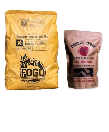 FOGO Premium Hardwood Lump Charcoal, Natural Large Sized Lump Charcoal, 17.6 Pound Bag and FOGO Barrel Proof Bourbon Barrel Blocks, 2 Pound Resealable Bag, Bundle