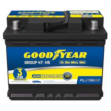 Goodyear 47-H5-AGM BCI Group Size 47 12V 60 AH, 100RC, 680 CCA Platinum series Rechargeable AGM Maintenance Free Automotive Battery