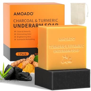 AMOADO Armpit Detox Soap Set, Underarm Brightening Deodorant Soaps for Dark Armpit Remover, Eliminate Odor, Natural Turmeric Bar with VC, Charcoal Soap with Mint - included Sisal Mesh Bag