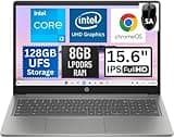 HP 15.6 FHD Premium AI Chromebook Plus, Intel i3 Processor 3.8GHz Turbo Speed, 8GB Ram, 128GB SSD, Ultra-Fast WiFi 6 Up to 9.6Gbps, SAM, Chrome OS, Dale Silver