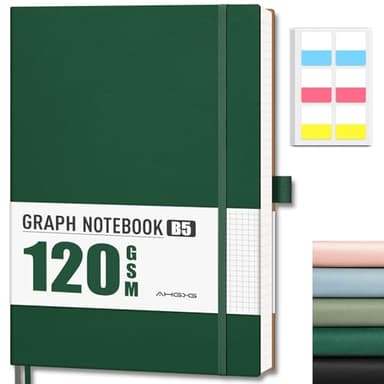 AHGXG Graph Paper Notebook - Grid Notebook Journal, 120 GSM Thick Graph Paper, Large B5 Notebook 96 Pages, Leather Softcover, for Graphing, Writing, Math, Engineering, 7.6'' X 10'' - Green