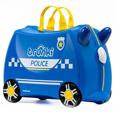 Trunki Ride-On Kids Suitcase | Tow-Along Toddler Luggage | Carry-On Cute Bag with Wheels | Airplane Travel Essentials: Percy Police Car Blue