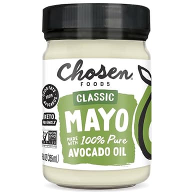 Chosen Foods 100% Avocado Oil-Based Classic Mayonnaise, Gluten & Dairy Free, Low-Carb, Keto Diet Friendly, Mayo for Sandwiches, Dressings and Sauces, Made with Cage Free Eggs (12 fl oz)