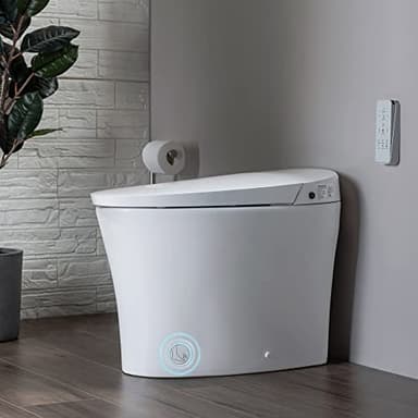 WOODBRIDGE B0970S Smart Tankless Toilet Elongated One Piece Chair Height, Auto Flush, Foot Sensor Operation, Heated Seat with Integrated Multi Function Remote Control in White
