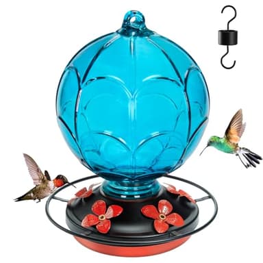 Jarkyfine 26 OZ Glass Hummingbird Feeder for Outdoors Hanging - Hand-Blown Hot Air Balloon Design - Leak-Proof & Ant Moat - Garden Decor Gift for Mom, Blue