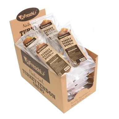 A Freschi srl Turkey Tendon of Dog Bones Shape, USA-Sourced, Limited-Ingredient, Rawhide-Free, Long-Lasting, All-Natural Dog Treats for Medium Dogs, 20 Count Box (M)