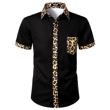 JEMITOP Men's Casual Hipster Leopard Cheetah Print Short Sleeve Button Down Shirt for Summer Party Black Leopard L