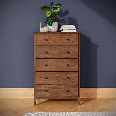 Grain Wood Furniture Greenport 5-Drawer Chest, Solid Wood with Brushed Walnut Finish