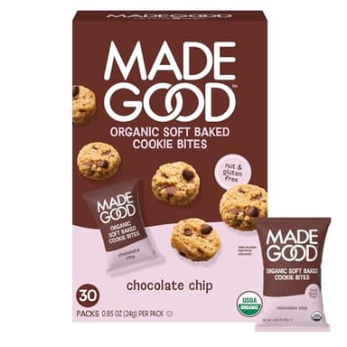 MadeGood Soft Baked Chocolate Chip Mini Cookies, Gluten Free & Safe For School Snacks, 30 Count