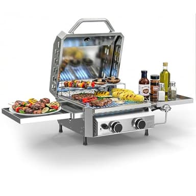 Cowsar Premium Dual-Burner Tabletop Gas Grill | 16,000 BTU Portable Propane Grill with 304 Stainless Steel & Dual Side Shelves – Compact Outdoor BBQ for Patio, Camping, and Backyard Grilling