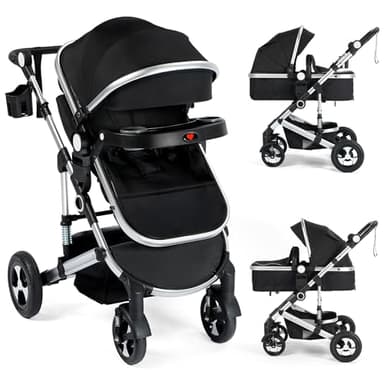 Kinder King 3 in 1 Reversible Baby Stroller w/Detachable Tray, Convert to Newborn Pram, Folding Infant Carriage for Toddler, Adjustable Canopy & Handle, Aluminum Alloy, Suspension Wheels, Black