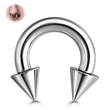 BodyBonita G23 Titanium Septum Rings 6G-Horseshoe Spikes Nose Piercing Jewelry ASTM F136 Titanium Earrings for Women Men Silver 12 mm
