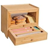 Bread Box for Kitchen Countertop,Bamboo Bread Box,Corner Bread box with Plastic Bag Organizer,Kitchen Countertop Food Storage Box with 2-Tier Storage,Farmhouse BreadBox with Window for Kitchen Counter