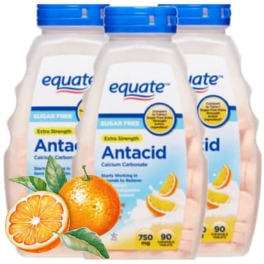 Antacid Tablets Sugar Free Extra Strength, Orange Creme, Calcium Carbonate 750 mg, 90 Count Each (Pack of 3)