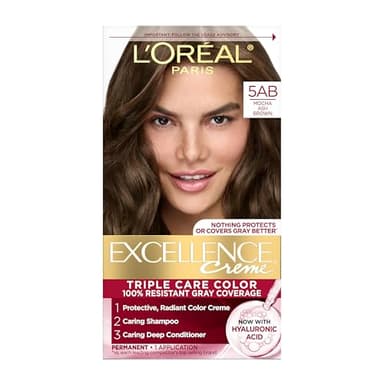 L'Oreal Paris Excellence Crème Permanent Hair Dye, Triple Care Hair Color with Hyaluronic Acid for 100% Gray Coverage, 5AB Mocha Ash Brown, 1 Kit (Packaging May Vary)