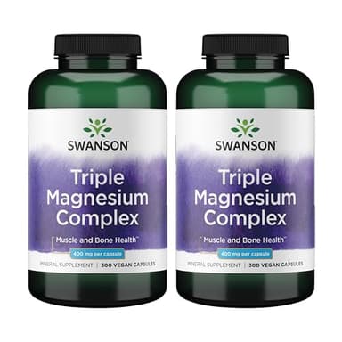 Swanson Triple Magnesium Complex Bone, Nerve, and Muscle Support Supplement for Adults Seeking Optimal Magnesium Absorption - 400 mg (300 Vegan Capsules, 2 Pack)