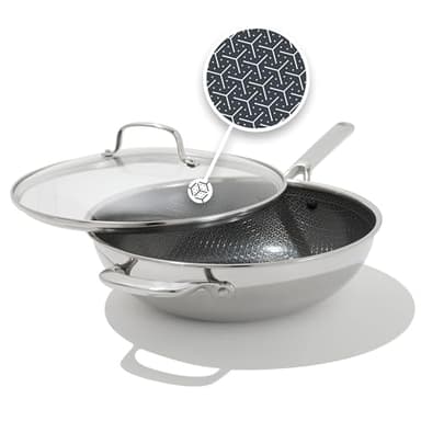 OXO Hybrid 12” Nonstick Wok with Glass Lid, PFAS-Free Ceramic Stir-Fry Pan, Induction & All Cooktop Compatible, Dishwasher Safe, Fusion Boost Tech for Powerful Searing, Mirror Polished Tri-Ply