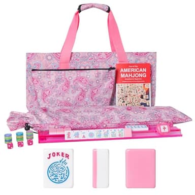 GUSTARIA American Mahjong Game Set, 166 Pink Tiles (1.2”), 4 All-in-One Color Rack/Pushers & Drawstring Bag, Complete Mahjong Sets with Pink Printed Carrying Bag and Mahjong Tile Set Accessories