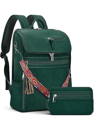 SYTRAH Leather Laptop Backpack for Women Designer Laptop Bag, 16.5 inch Travel Computer Backpacks Purse with Tassel for Work Business with Satchel Purse Green