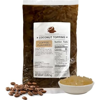 Soeos Coffee Flavored Coconut Jelly Strips, 2.2 lbs (1 Kg), Coffee Coconut Jelly for Boba Tea, Sweet and Chewy Tropical Snack, Perfect Topping for Ice Cream, Desserts, and Drinks, Ready to Eat.