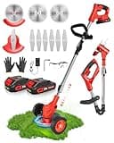 JarryStart 21V Cordless Weed Wacker Battery Operated, 2 X 2.0Ah Electric Weed Eater Battery Powered, Lightweight 3-in-1 Grass Trimmer/Brush Cutter/Lawn Mower with 8 Blades & Removable Moving Wheels