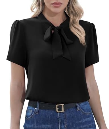 CZYINXIAN Women's Casual Short Sleeve Blouse Elegant Bow Tie Knot Business Top Shirt(Black, Medium)