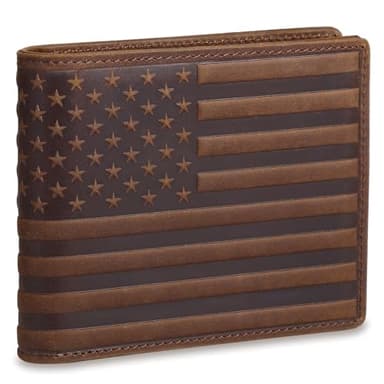 Pefiam Full Grain Leather Wallet for Men, RFID Blocking, Mens Wallet Bifold with 2 ID Windows, Billfold with 13 Card Slots, Leather Gift for Men, American Flag Wallet Dark Brown