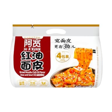 Akuan Sichuan Spicy Red Chili Oil Wide Noodles, Non-Fried Instant Chinese Ramen, 4.05oz per Bag, 4 Pack (1 Pack, Sour & Hot)
