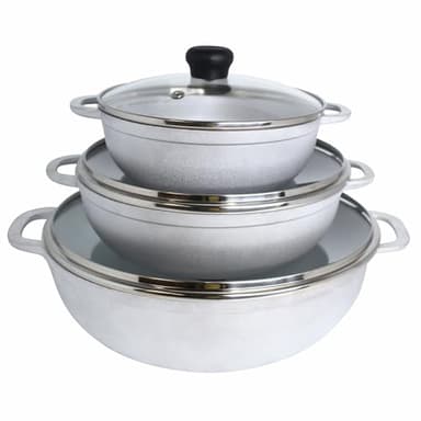 IMUSA Caldero Stock Pot with Glass Lid 3pc Set, 1.5/2.5/5.2qt, Cast Aluminum, Perfect for Serving Medium & Small Groups, Riveted Handles, Made in Colombia, Silver.