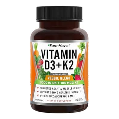 FarmHaven Vitamin D3 K2 Capsules - 5000 IU D3 and 100 mcg K2 - Cholecalciferol MK7 with Veggie Fruit Blend - Vitamin D K2 Supplement for Immune System & Heart Health - Vegetarian, Non-GMO, 90 Caps