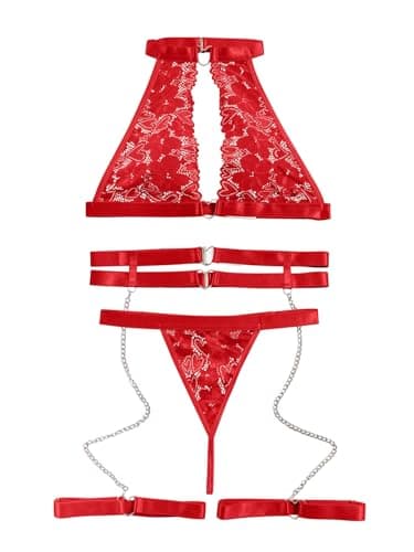 Foxiny Sexy Halter Heart Ring Cutout Chain Floral Lace Sheer Garter Belt Lingerie Set 3 Piece Women Harness See Through Matching Bra Panty Underwear Red Medium