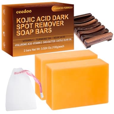 ceedoo Kojic Acid Soap for Dark Spot Remover Bars with Turmeric, Vitamin C, Retinol, Collagen with Hyaluronic Acid, Vitamin E, Shea Butter, Castile Olive Oil - 3.52 OZ x 2 Bars with Soap Holder & Bag