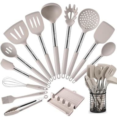 HOTEC 446°F Heat Resistant Silicone Kitchen Utensils, Cooking Utensil Set, Spatula Set, BPA Free, Kitchen Gadgets, With Stainless Steel Utensils Holder, Dishwasher Safe 14pcs Khaki
