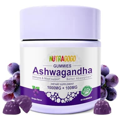 NUTRAGOGO Ashwagandha Gummies & Vitamin D3 Gummies Organic Aswangdha Supplement for Improve Sleep, Stress Relief & Mood Calm (Grape Berry,Non-GMO, Gluten-Free & Sugar Free)-1 Pack