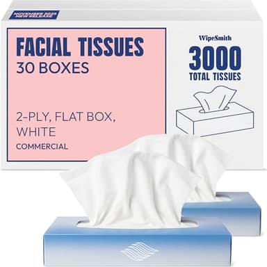 Bulk Tissues, 30 Flat Boxes, 100 Sheets/Box, 3000 Facial Tissues Total, 2-Ply, Soft, White, for Office, Business & Home, Commercial Flat Box Tissues, Hypoallergenic, Unscented, Packaging May Vary