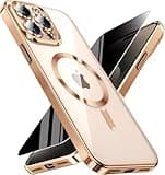 Magnetic for iPhone 15 Pro Max Case with Privacy Screen Protector & Full Camera Cover,[Non-Yellowing] Plating Glossy Soft Shockproof Clear Phone Case with MagSafe Women Girls for 15 ProMax,Gold
